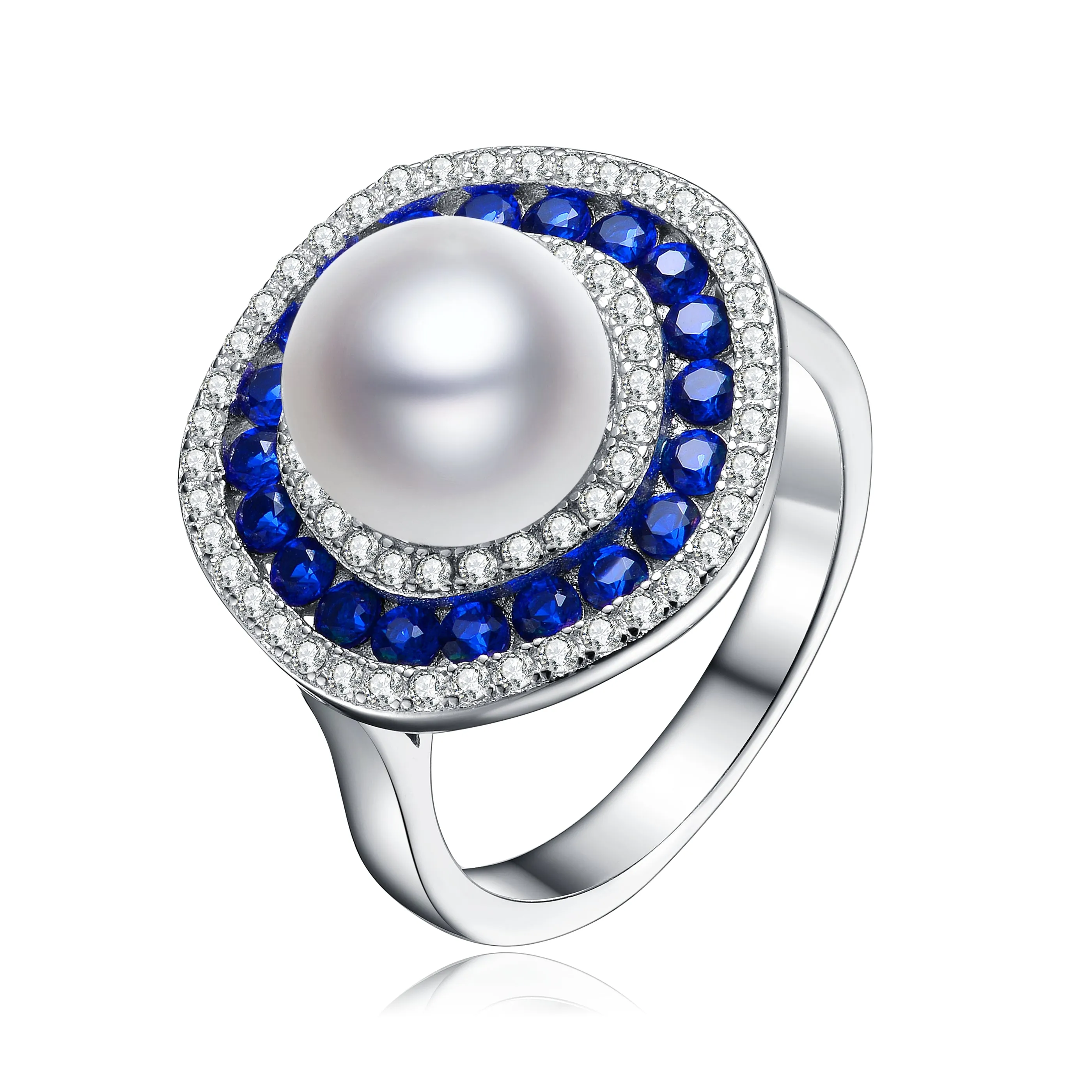 Sterling Silver Sapphire and Cubic Zirconia Pearl Ring