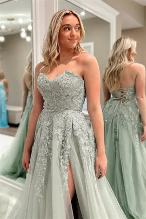 Strapless Sage Lace Long Prom Dress with High Slit, Sage Lace Formal Dress, Sage Evening Dress A1968