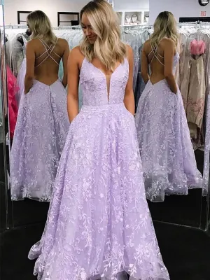 Stylish V Neck Backless Lilac Lace Appliques Prom 2020, Backless Lavender Lilac Lace Formal Graduation Evening