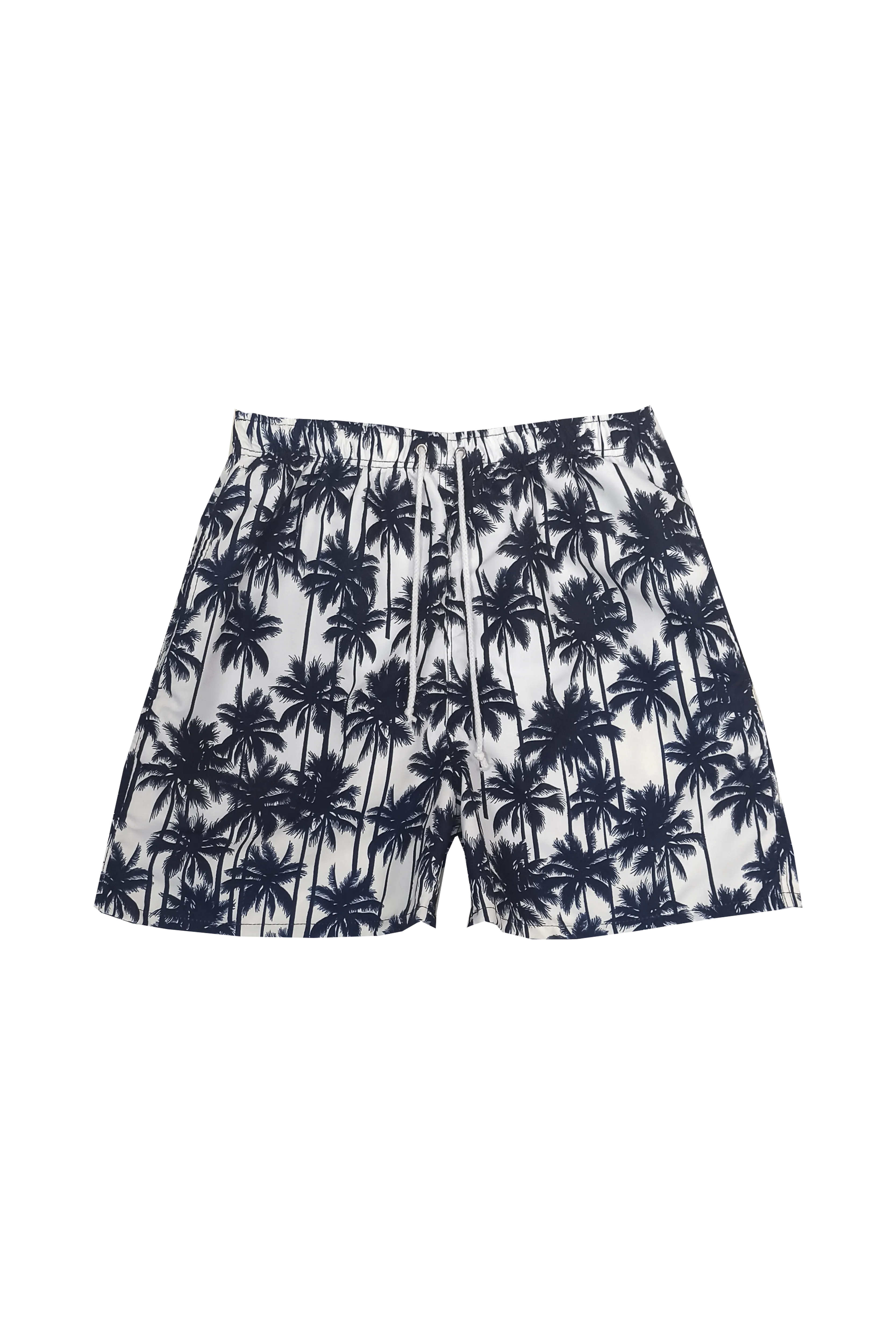 SUNCRACY WHITE AND NAVY PALM TREE PRINT SWIM TRUNKS