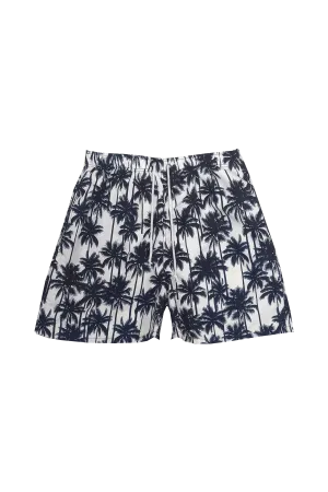 SUNCRACY WHITE AND NAVY PALM TREE PRINT SWIM TRUNKS