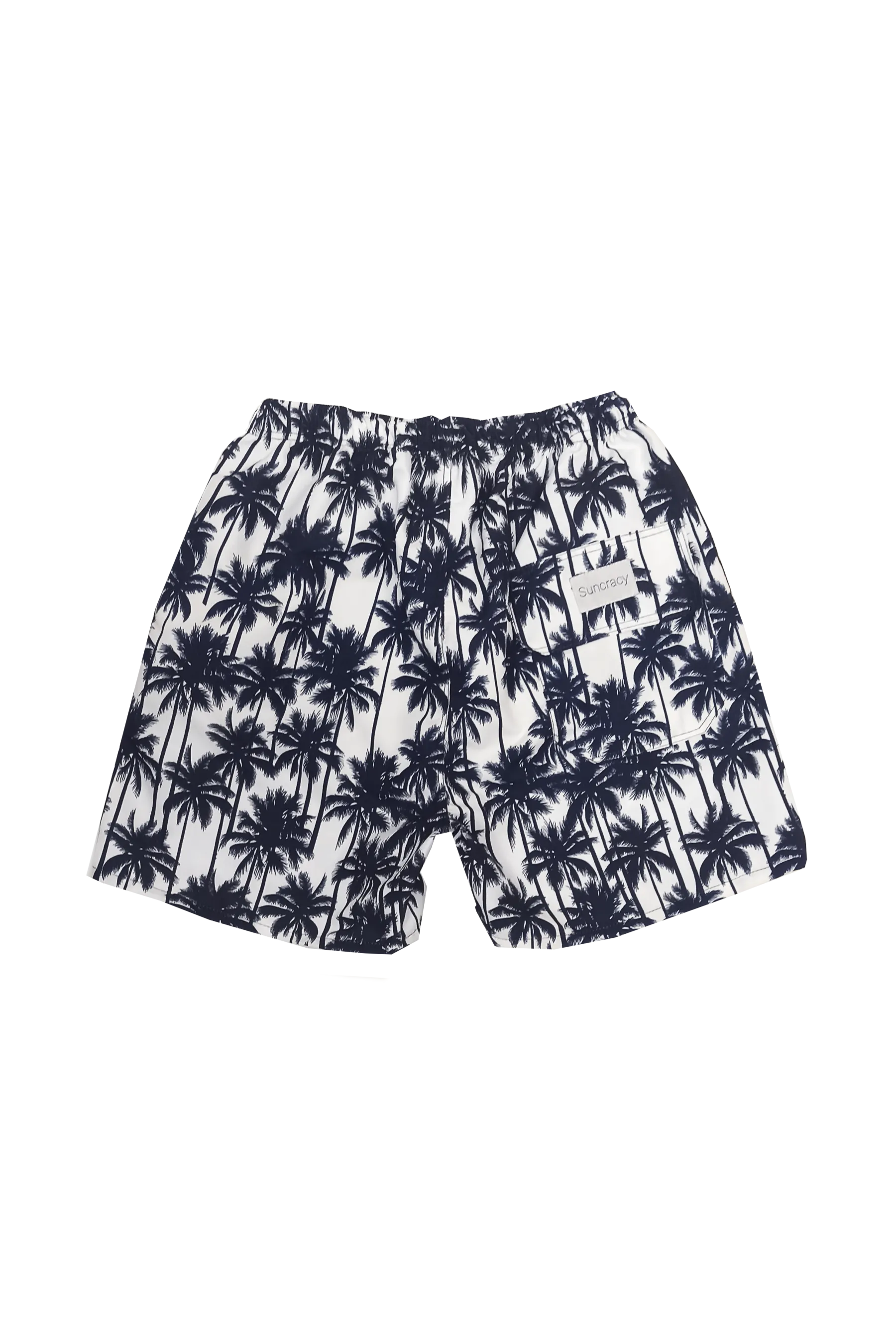 SUNCRACY WHITE AND NAVY PALM TREE PRINT SWIM TRUNKS