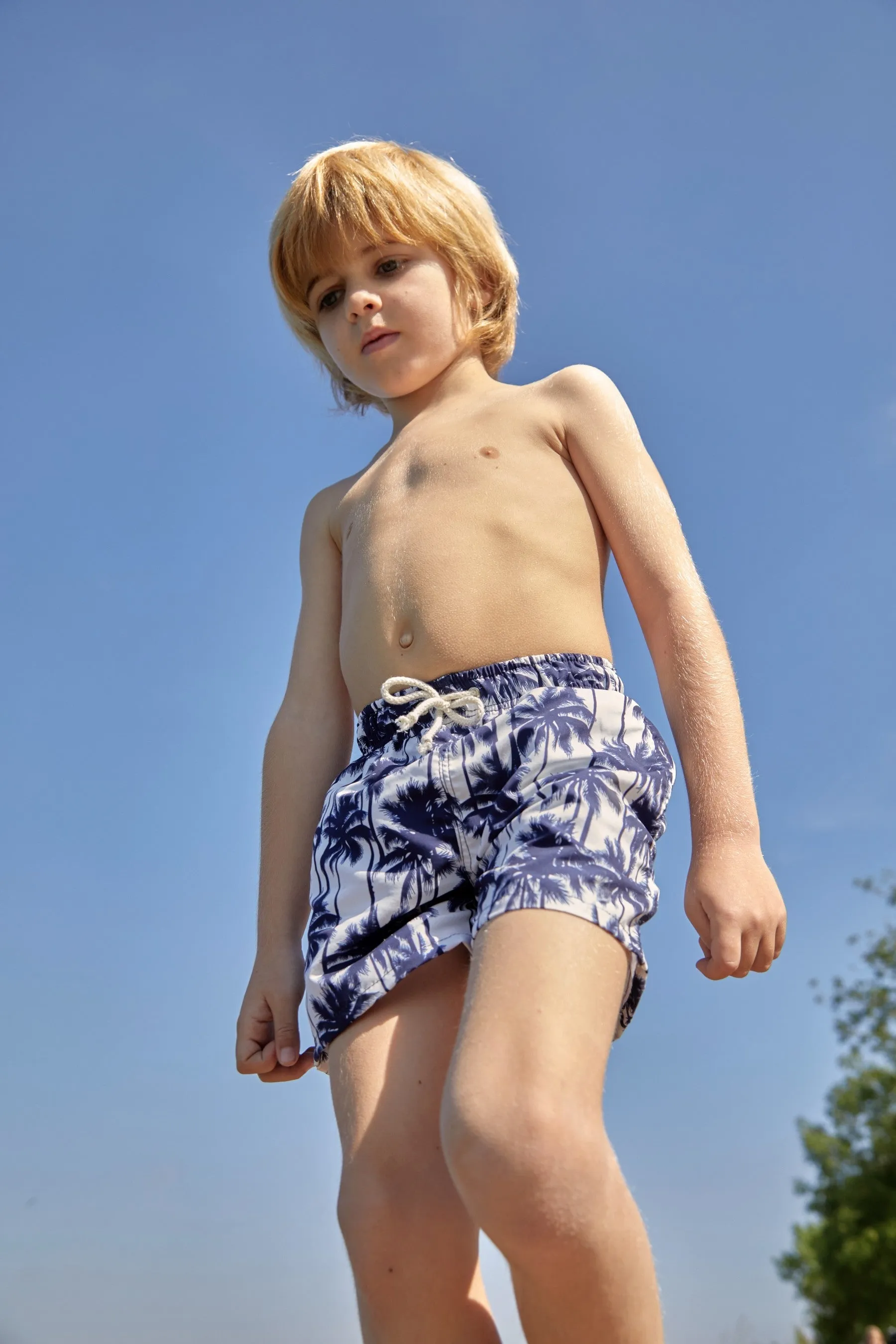 SUNCRACY WHITE AND NAVY PALM TREE PRINT SWIM TRUNKS