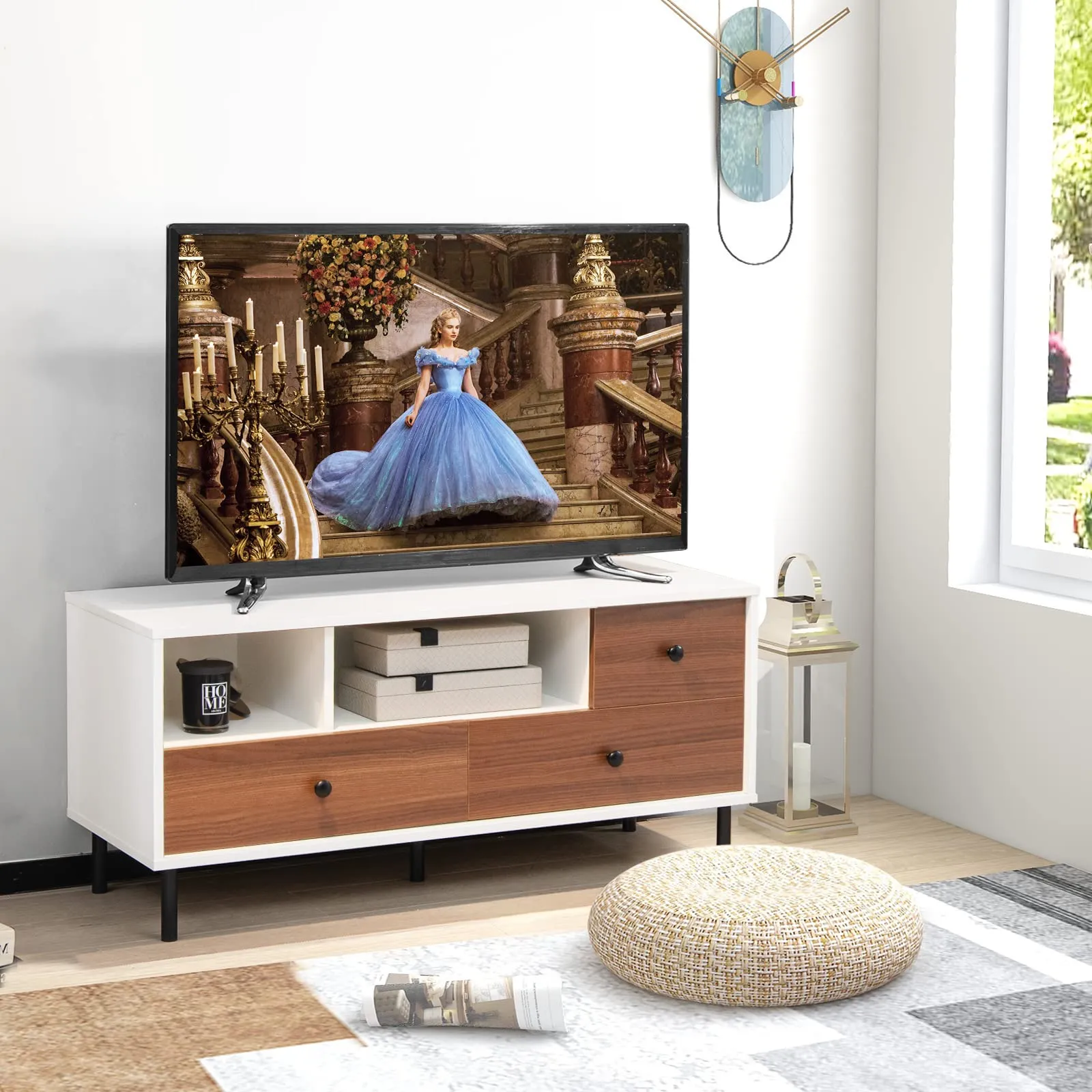 Tangkula Modern TV Stand for 50-inch TVs, Multifunctional Flat Screen Console Table with 2 Cubbies & 3 Large Drawers