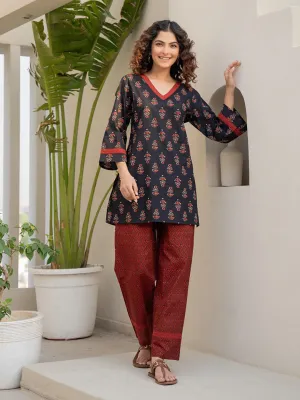 V-Neck Lace Maroon Black  Cotton Lounge Wear